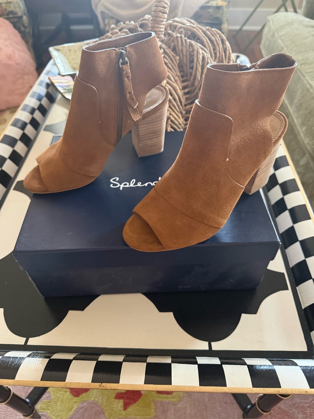 Splendid Tan Suede Peep-Toe Stacked Heel Ankle Boots